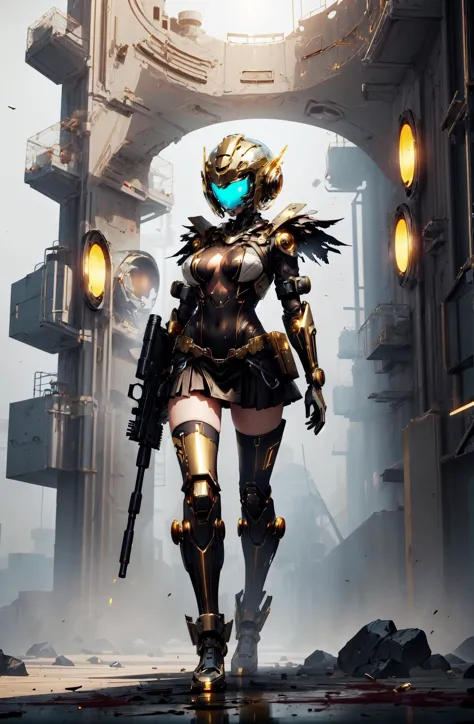 a woman in a futuristic outfit holding a gun and a gun