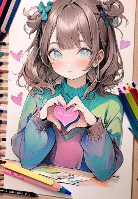 (masterpiece, best quality),1 girl,(heart shaped hands:1.1),(color pencil:1.2)