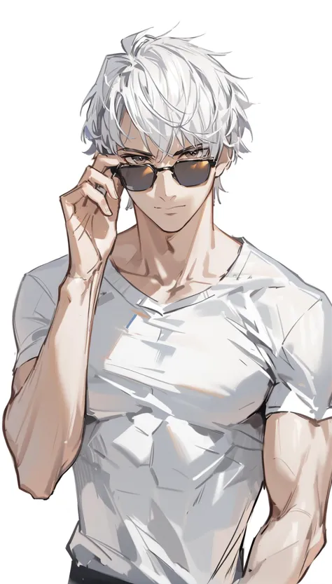 anime guy with white hair and sunglasses talking on a cell phone