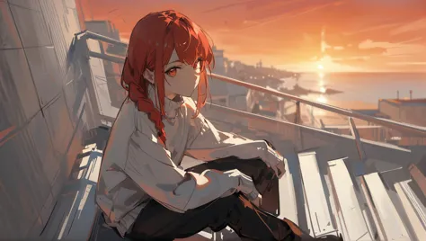 anime girl sitting on a bench looking out at the sunset