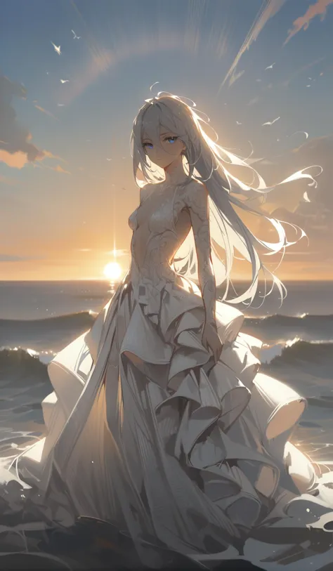 a woman in a white dress standing on a beach next to the ocean