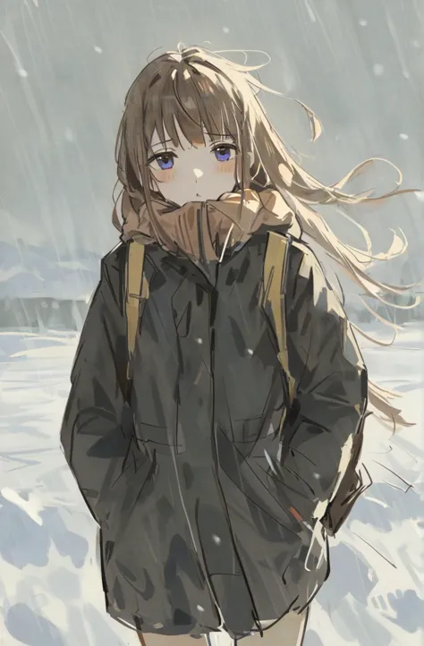 anime girl in a raincoat standing in the snow