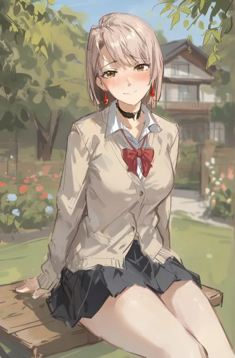 anime girl sitting on a bench in a park with a house in the background