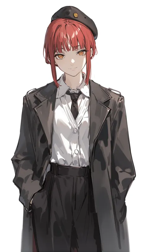 oil painting, 1girl, bangs, beret, black coat, black necktie, black pants, closed mouth, coat, collared shirt, hands in pockets, hat, jacket, looking at viewer, makima, (chainsaw man), medium hair, necktie, open coat, pants, red hair, ringed eyes, shirt, sidelocks, simple background, smile, solo, white background, white shirt, yellow eyes, <lora:LightOilPainting-000015:0.9>