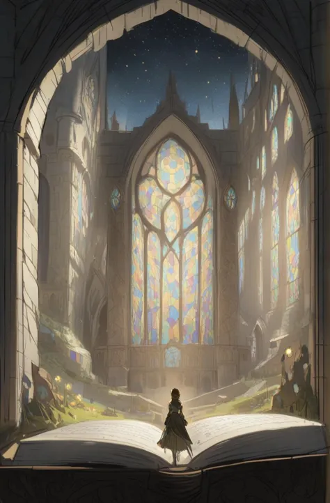 anime scene of a young boy sitting on a book in front of a stained window