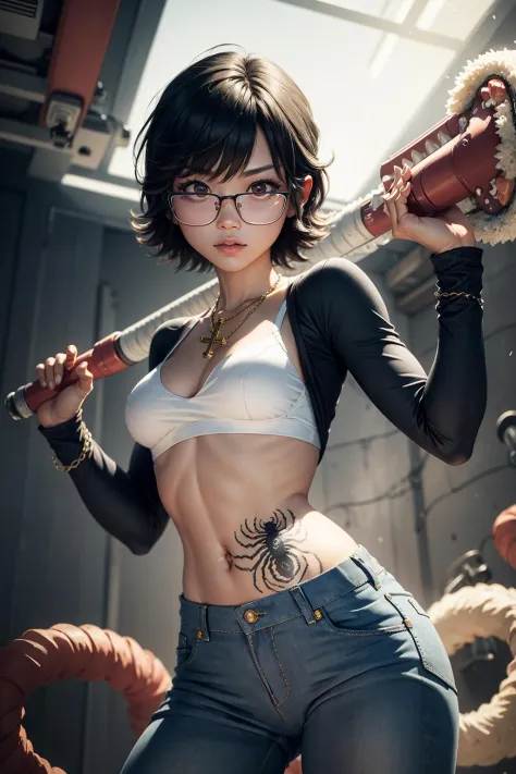 (masterpiece, best quality:1.2), <lora:hxh_shizuku-10:0.8>, cowboy shot, solo, 1girl, shizuku murasaki, brown eyes, glasses, with a small spider tattoo on the side of her stomach, in a white bra, jeans, cross necklace, holding a monstrous vacuum cleaner wi...