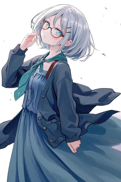 masterpiece, best quality, highres, 1girl glasses hairclip, blue dress neckerchief long sleeves open cardigan <lora:kyouko_okitegami:1> shaft head tilt, from side <lora:shaft_head_tilt2:1.0> floating hair, looking at viewer, long skirt, simple background, white background