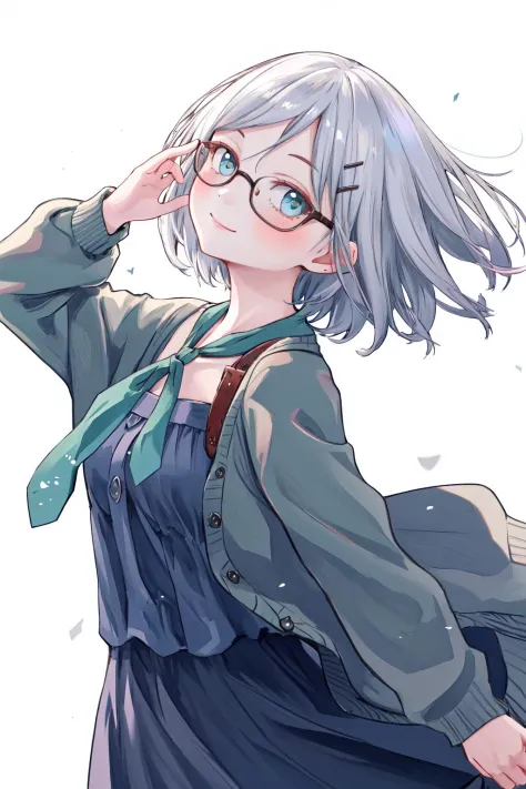 masterpiece, best quality, highres, 1girl glasses hairclip, blue dress neckerchief long sleeves open cardigan <lora:kyouko_okite...