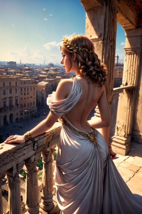 Rome Empire, antiquity, balcony, leaning forward, from back, facing away, from behind, back, backless dress, backless outfit, (ancient dress:1.2), ancient greek clothes, open shoulders, gold laurel wreath, curly hair, (focus on city:1.2), Noble lady standing on a balcony overlooking ancient Rome, detailed cityscape, cinematic view, (historical:1.3), back view focus, scenic perspective, dramatic lighting, (best quality:1.2), (masterpiece:1.2), (masterpiece:1.3), (hires, high resolution:1.3), realistic, heavy shadow, high resolution, 