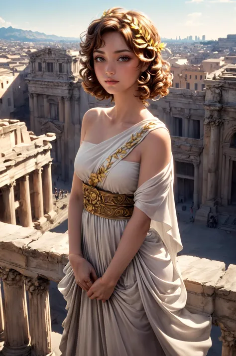 a woman in a dress standing on a balcony with a city in the background