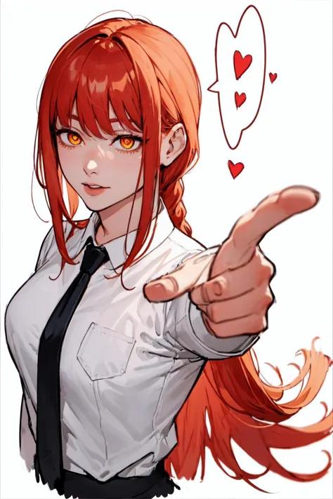 anime girl with red hair pointing at something with a heart in the background