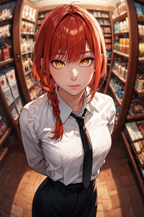 (masterpiece, best quality, ultra-detailed), 1girl, aged_up, solo, looking at viewer, makima, red hair, braided ponytail, yellow...