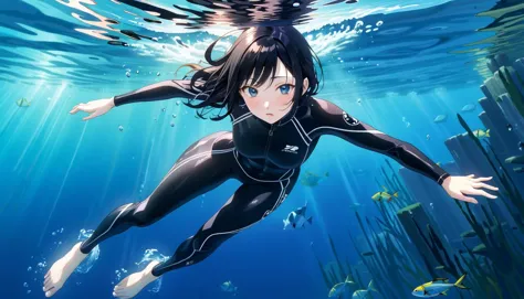 masterpiece, best quality, underwater, 1girl, black hair, wetsuit, small breasts, (((swimming)))