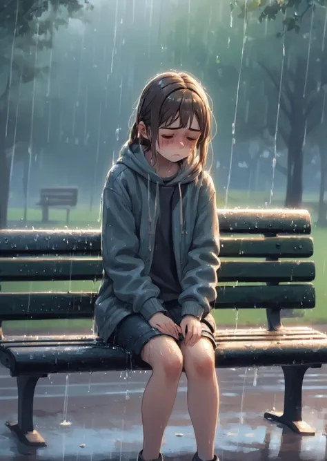 1girl  sit on bench
closeup
wet
sad cry
raining
gradient
park