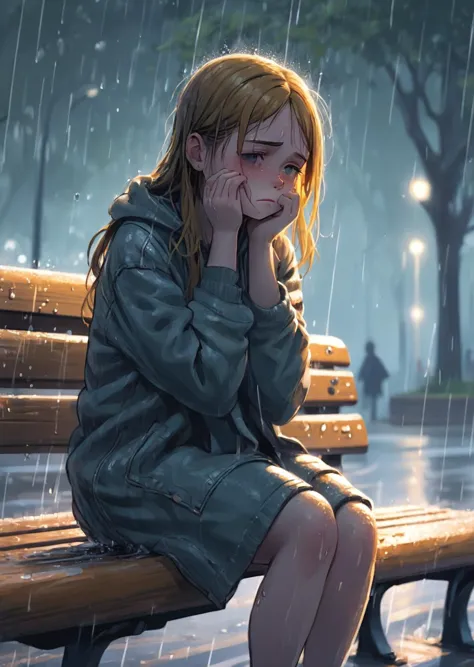 1girl  sit on bench
closeup
wet
sad cry
raining
gradient
park