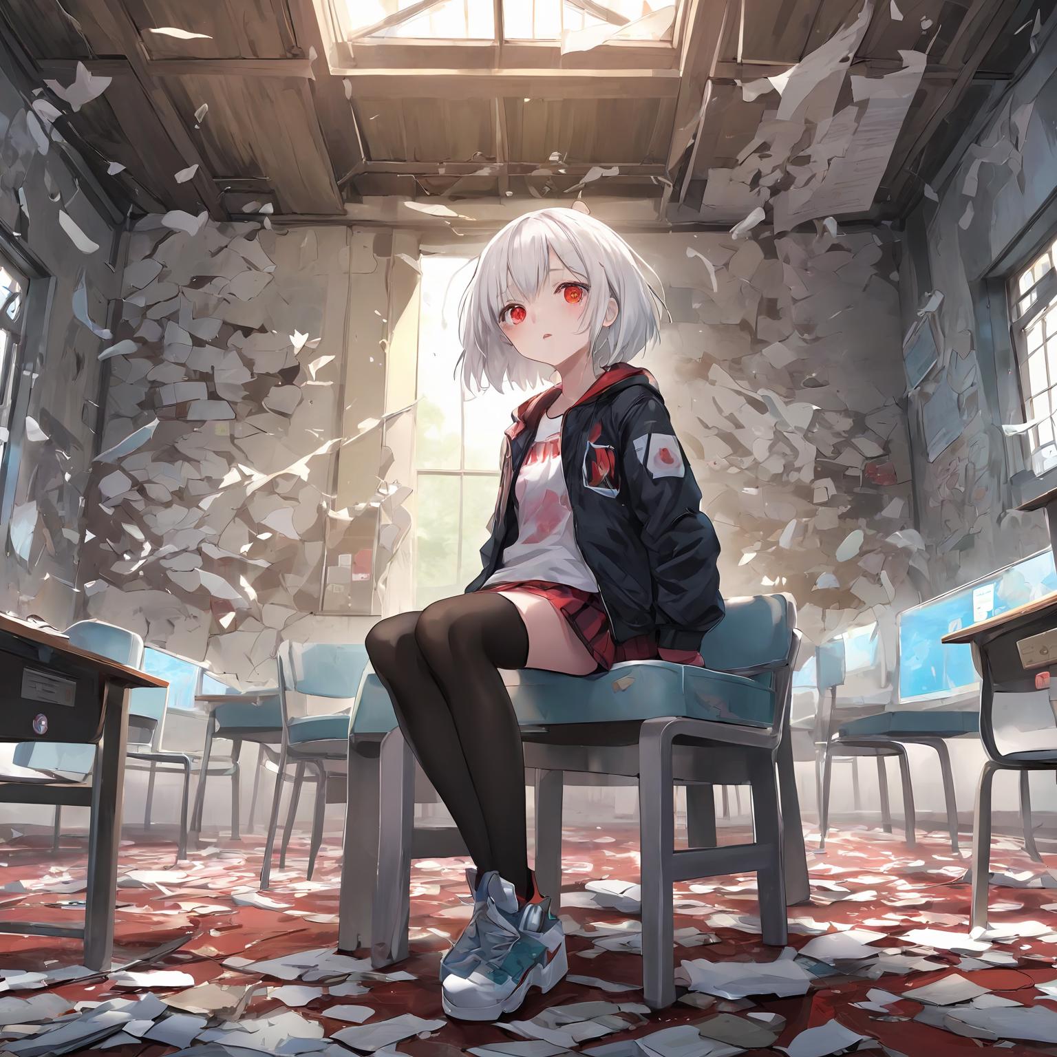 Anime girl sitting on a chair in a room with lots of papers - SeaArt AI