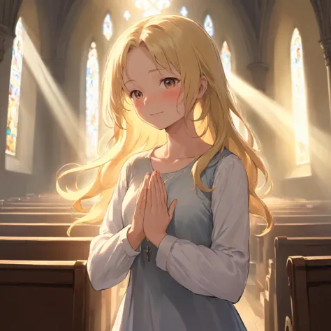masterpiece,best quality,
1girl,blonde hair,turning around,upper body,
hands on own chest,
in church,god rays,