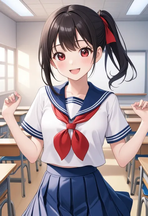 1girl, teen (white sailor-fuku, short sleeve, deep blue collar, deep blue skirt, red neckerchief:1.5) BREAK (cute,smile,bare fac...