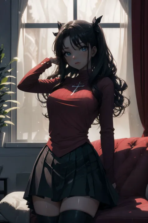 anime girl in a red shirt and black skirt posing on a red couch