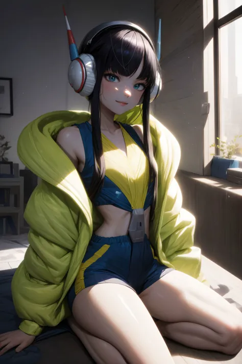 a close up of a person sitting on a bed with headphones on