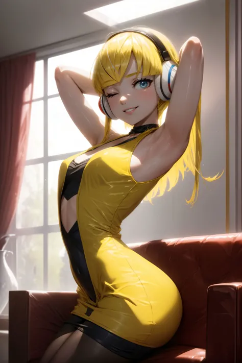 a woman in a yellow dress sitting on a couch with headphones