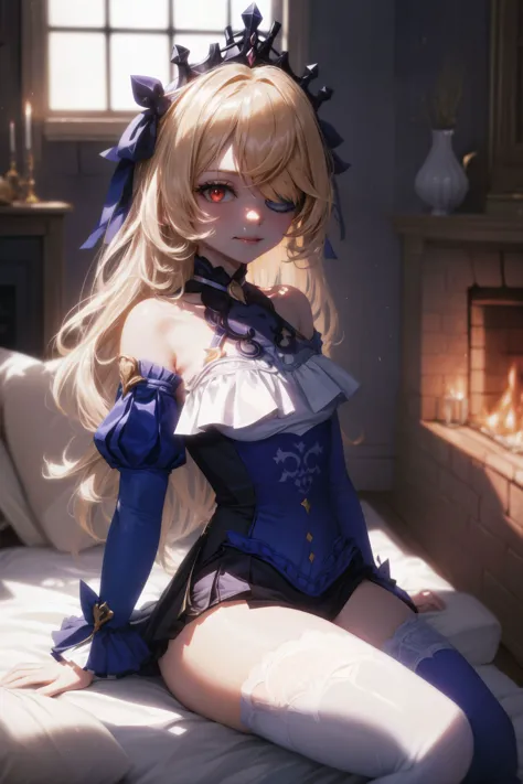 anime girl in blue dress sitting on bed with fireplace in background