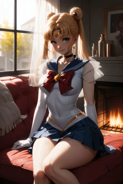 sailor girl sitting on a couch in a room with a fireplace