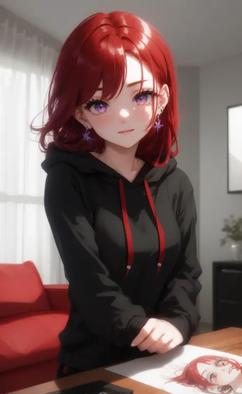 anime girl with red hair sitting at a table with a book