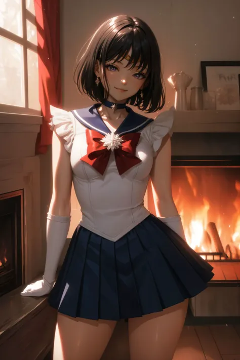 anime girl in uniform posing in front of a fireplace