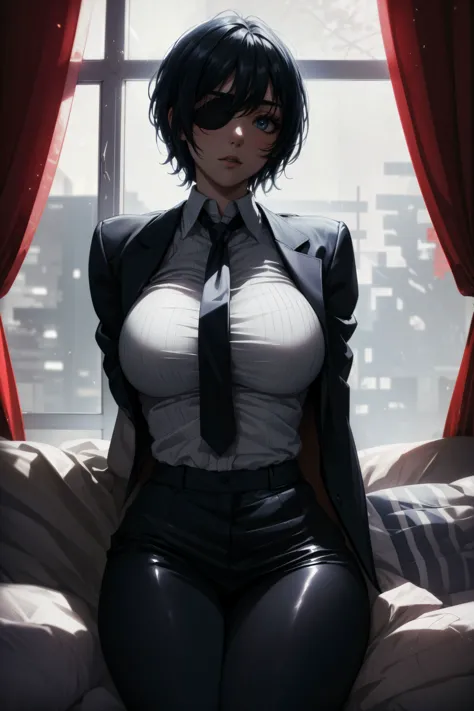 1girl, big eyes, full lips, <lora:thicc_v2.3:0.7>  hmn1, short hair, black hair, eyepatch, blue eyes, black necktie, collared shirt, black jacket, black pants, hmn1, eyepatch, (large breasts:1.1), thick thighs,
simple background, (luxurious room interior:1.3), red couch, window, night, (arms behind back:1.3), (looking away:1.3), (female hand, better hand:1.3), 
(masterpiece), perfect face, detailed face, detailed eyes, (expressive eyes), detailed hands, perfect anatomy, ultra sharp, cinematic light, hyper detailed, illustration, cowboy shot, correct anatomy, <lora:more_details:0.4> <lora:DW:0.4> <lora:w<w[S:0.7> <lora:clothing details_v1.2_1_AD:0.4><lora:shy:0.6> looking away,  <lora:himeno_(chainsaw_man)_v3:0.5>