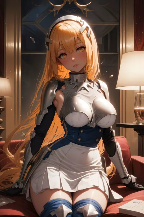 1girl, big eyes, full lips, Fascinating, (torogao:1.3), (large breasts:1.2), <lora:thicc_v2.3:1.2>  slim waist, petite waist, thighs,,
<lora:aiz_wallenstein:0.8> aiz_wallenstein, dress, armor, shoulder armor, (orange eyes:1.3), blonde hair, long hair, bangs, white dress, hair between eyes, zettai ryouiki,
BREAK
simple background, (luxurious ballroom scenery:1.3), (luxurious room interior:1.2), red couch, window, (night:1.2), (leaning on object:1.3),
BREAK
(masterpiece), perfect face, detailed face, detailed eyes, (expressive eyes), detailed hands, perfect anatomy, ultra sharp, cinematic light, hyper detailed, illustration, cowboy shot, correct anatomy, <lora:more_details:0.4> <lora:DW:0.4> <lora:w<w[S:0.7> <lora:GoodHands-beta2:1>