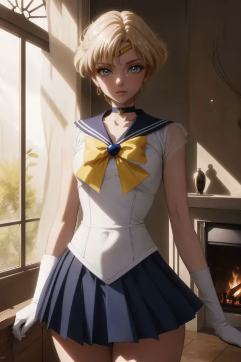 sailor girl in a short skirt and a bow tie posing in front of a fireplace