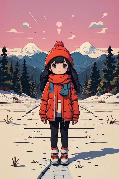 a girl in a red jacket and black pants stands on a snow covered path