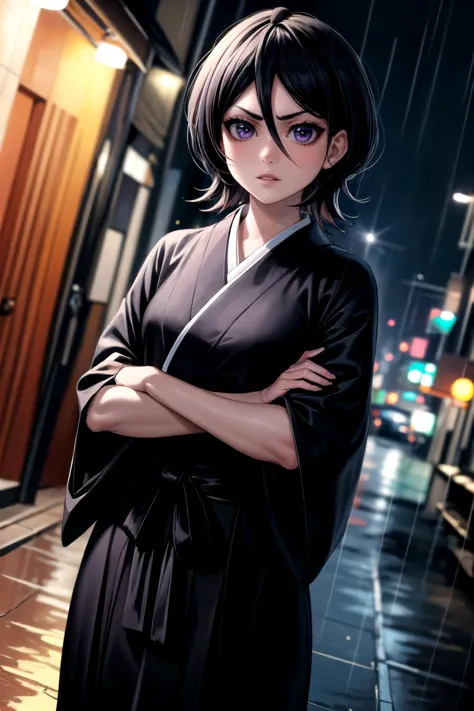 (masterpiece, best quality, detailed), 1girl, solo, looking at viewer, <lora:rukia-v2-wasabiya:1>, krukia, black hair, short hair, purple eyes, hair between eyes, black kimono, black hakama, sash, crossed arms, outdoors, city, night, rain, street, dark, parted lips, v-shaped eyebrows. dutch angle