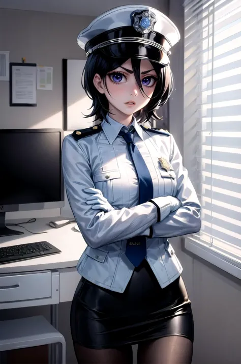 anime girl in uniform posing in front of a computer desk