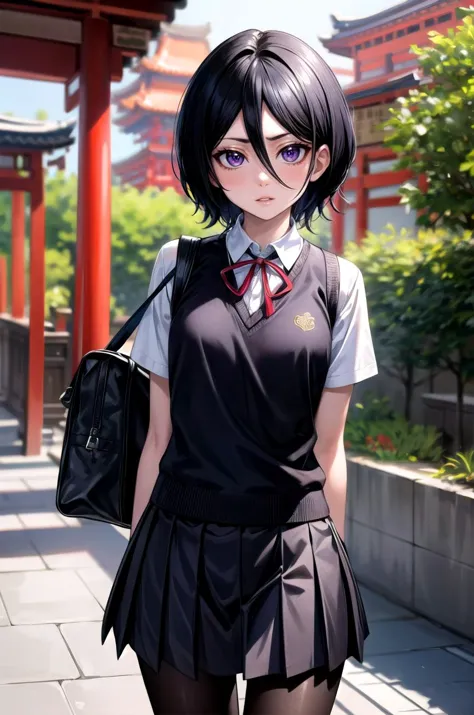 anime girl in school uniform walking down a sidewalk with a backpack