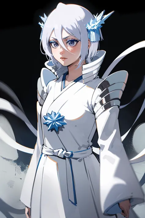 anime girl with white hair and blue eyes in white dress