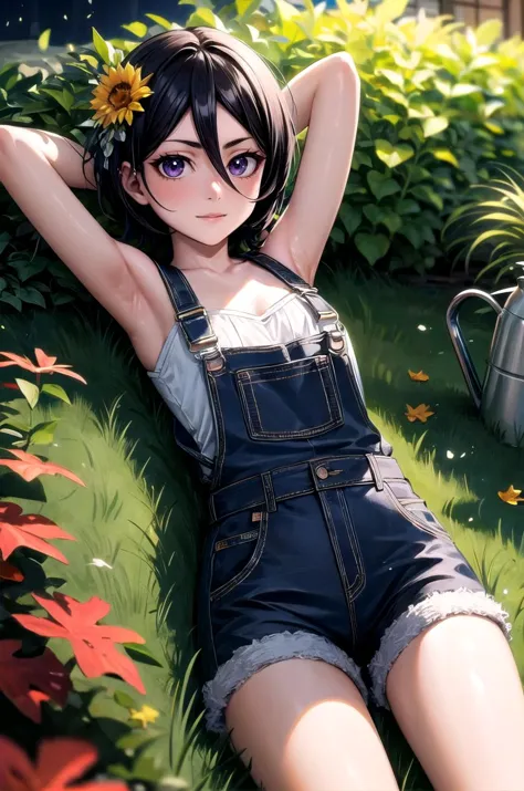 (masterpiece, best quality, detailed), 1girl, solo, looking at viewer, <lora:rukia-v2-wasabiya:0.9>, krukia, black hair, short hair, purple eyes, hair between eyes, overalls, bare shoulders, outdoors, garden, night, bush, autumn, autumn leaves, lying, on back, arms behind head, knees up, grass, flower, watering can, light smile, closed mouth