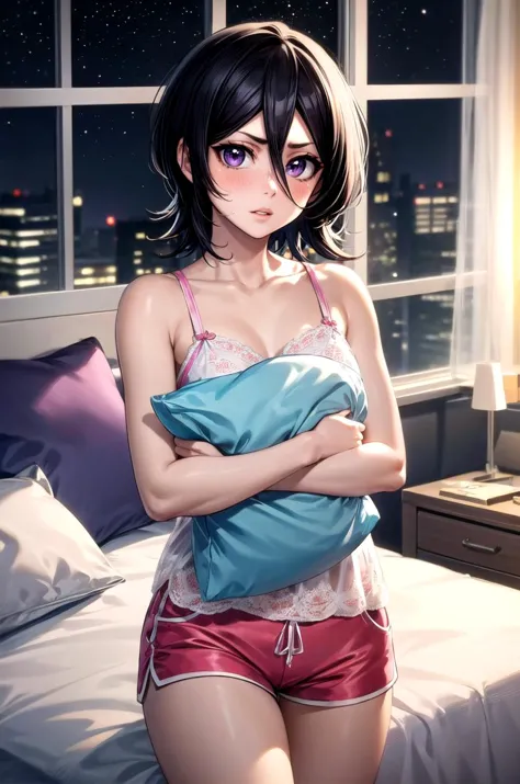 anime girl in pajamas holding pillow in front of window