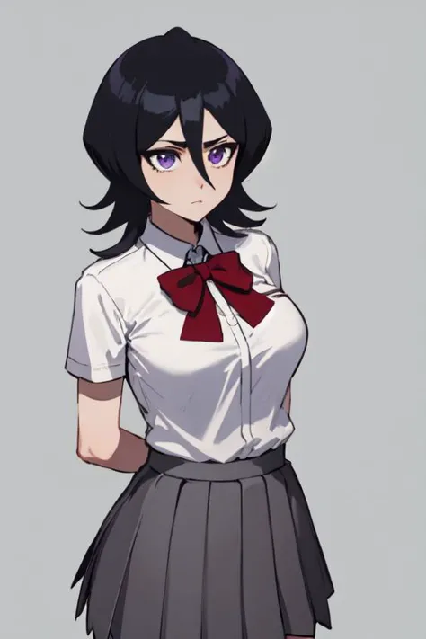 masterpiece,high quality,highres,1girl,solo,<lora:rukia-v1-wasabiya:1>,krukia,black hair,short hair,hair between eyes,purple eyes,large breasts,arms behind back,school uniform,white shirt,grey skirt,red bowtie,simple background,