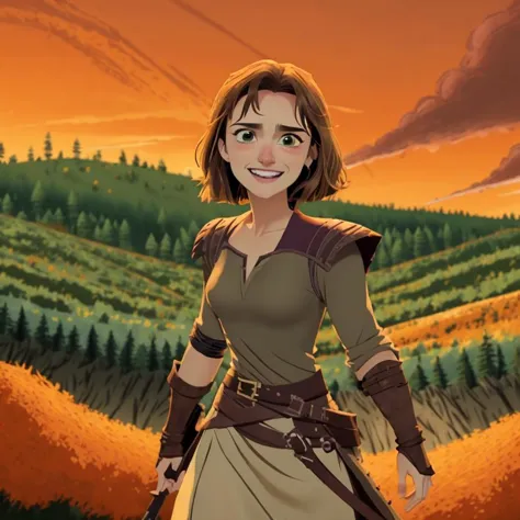 a cartoon picture of a woman in a brown dress holding a sword