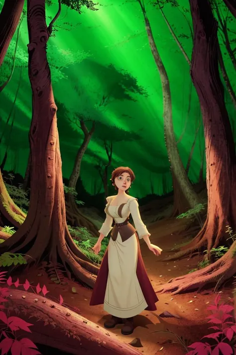 a woman in a white dress standing in a forest with trees