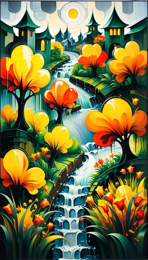 painting of a waterfall with flowers and buildings in the background