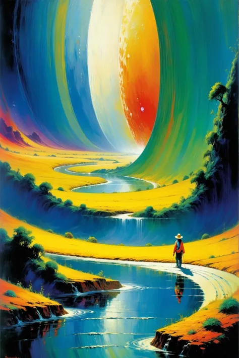 a painting of a man walking across a river towards a giant moon