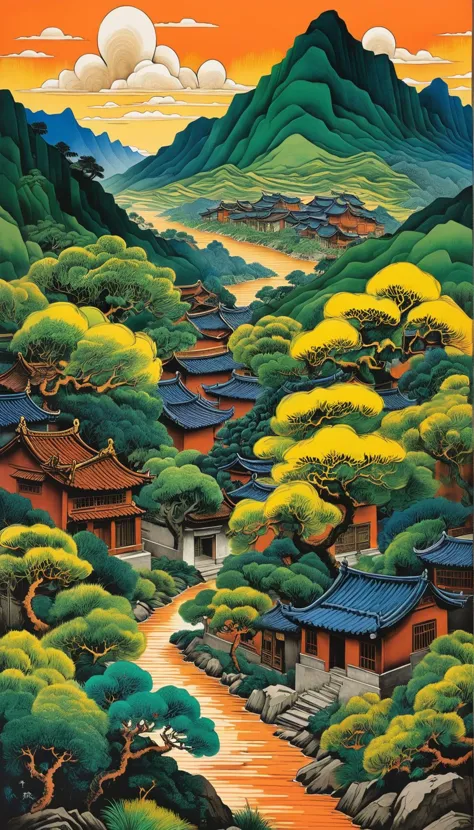 Chinese landscape painting,inspired by Wang Ximeng's landscape painting works Thousand Miles of Rivers and Mountains,
the inscription says ((("å¯»éèä¸é-å-è´¾å²"))),
Use azurite,lazurite,malachite,orpiment,limonite,vermilion and other mineral pigments to color,so that the mountain stone appears thick and green,the picture is hearty and rich,and the color is strong and brilliant,
Asked the young schoolboy under the verdant pine tree,he said that his master had gone to the mountain to collect medicine. He only knew that it was in this big mountain,but the clouds in the mountain did not know his whereabouts,
art by escher,<lora:Escher_Blend:0.7>,