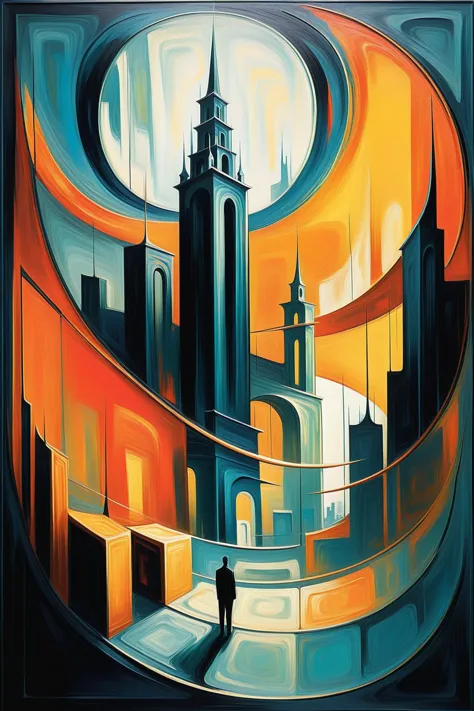 painting of a man walking down a stairway in a city