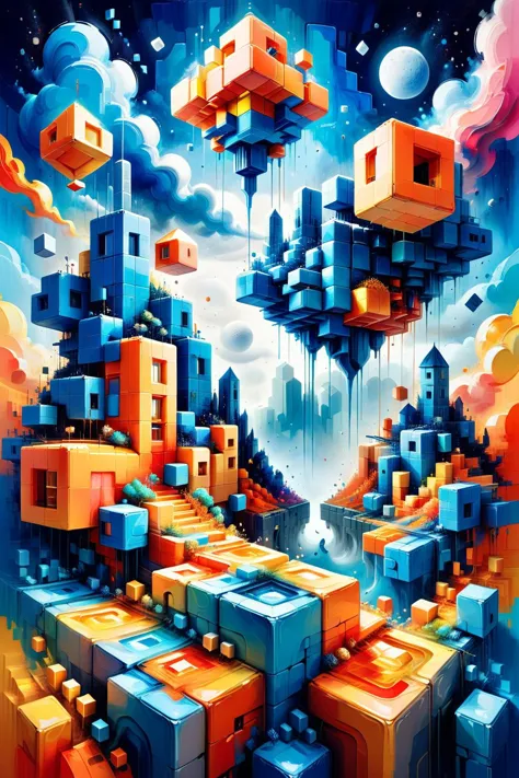 a painting of a colorful city with cubes and clouds