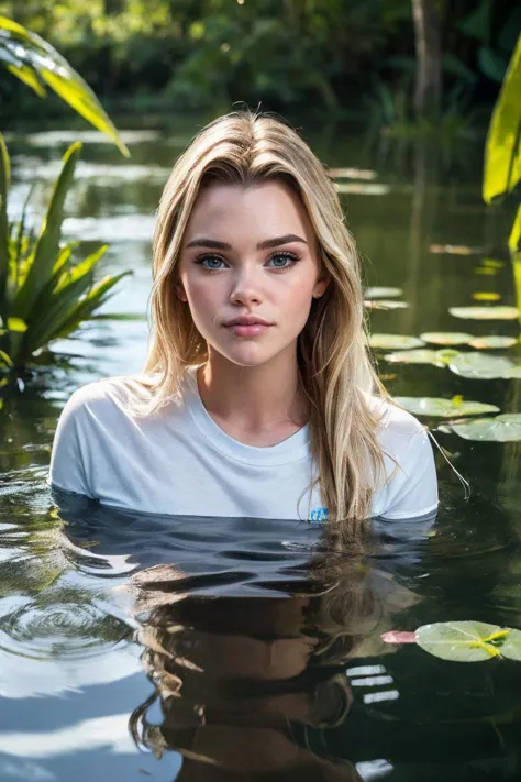 portrait de S440_ChloeRose,une belle femme,dans un (Marais:1.1),porté un (t-shirt à manches longues),(cheveux humide),(4k, photo brute, Meilleure qualité, 50mm, profondeur de champ, ultra haute résolution:1.1),(complexe, Photoréaliste, film cinématographique, chef-d&#39;œuvre, ultra-détaillé:1.1),