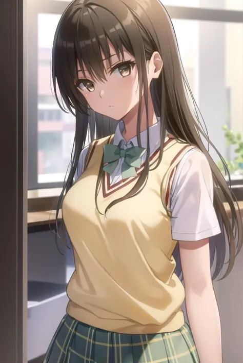 anime girl with long hair and school uniform standing in front of window