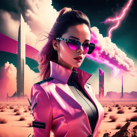 photo, neoolympus style a futuristic city with a lightning bolt coming out of it, (attractive medic woman:1) in bright pink tren...